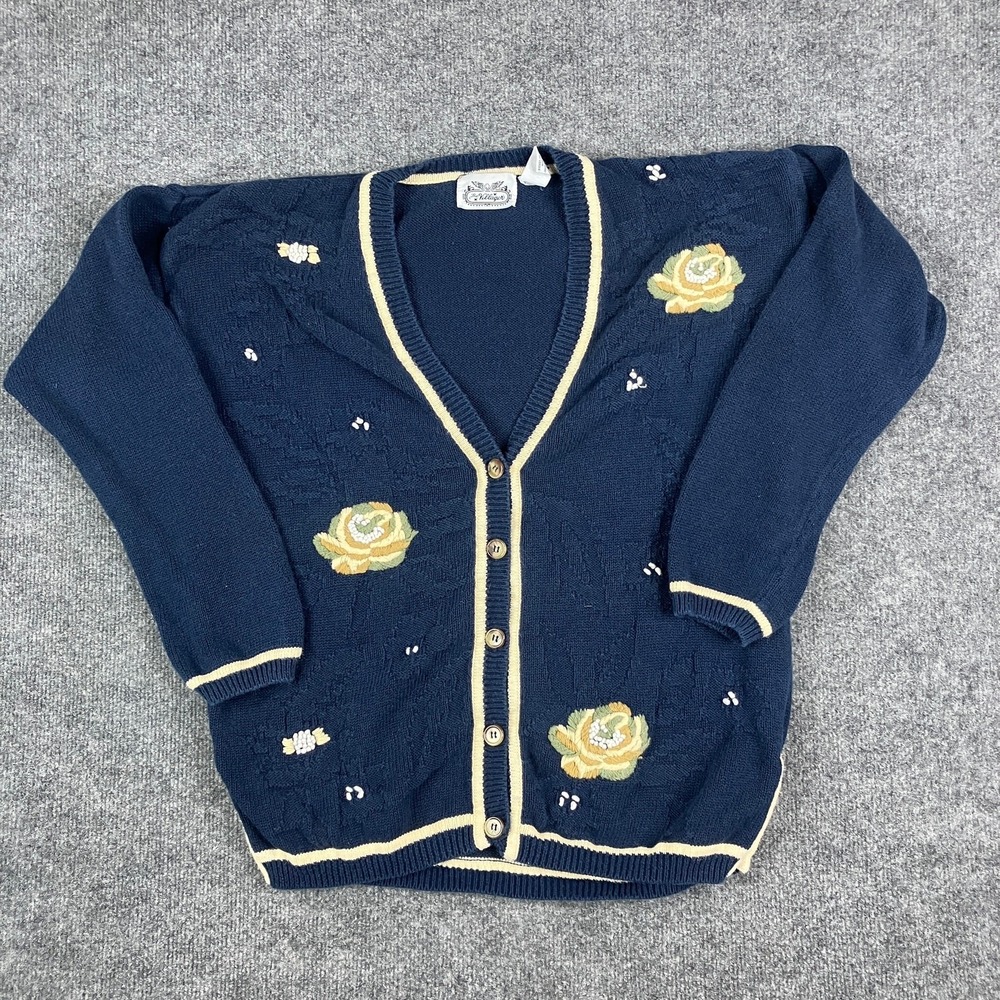 The Villager‎ Cardigan Womens Size S Navy Yellow Floral Ramie Cotton Vintage